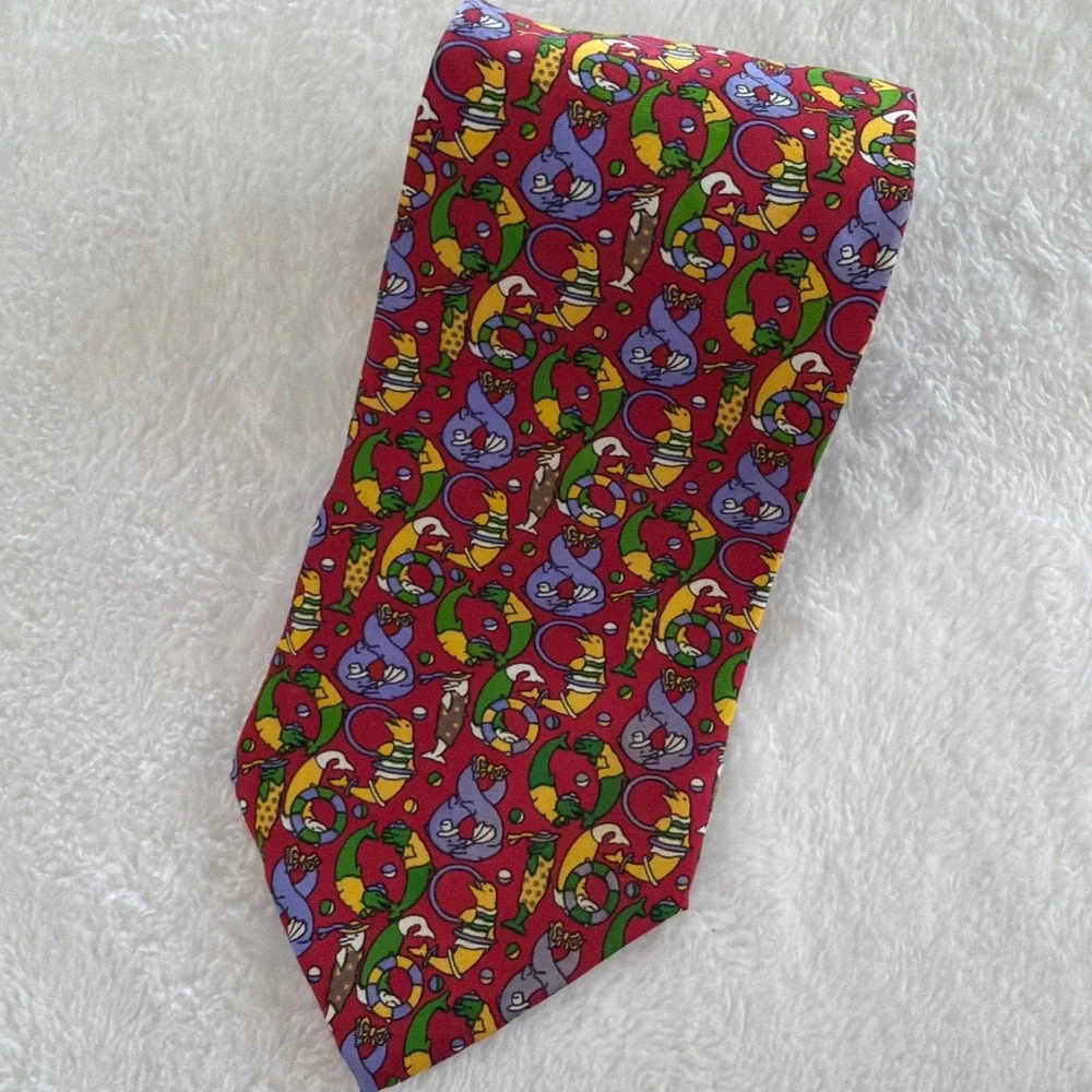 Christian Dior Monsieur Red Silk‎ Circus Dolphin Seal Novelty Print Necktie USA